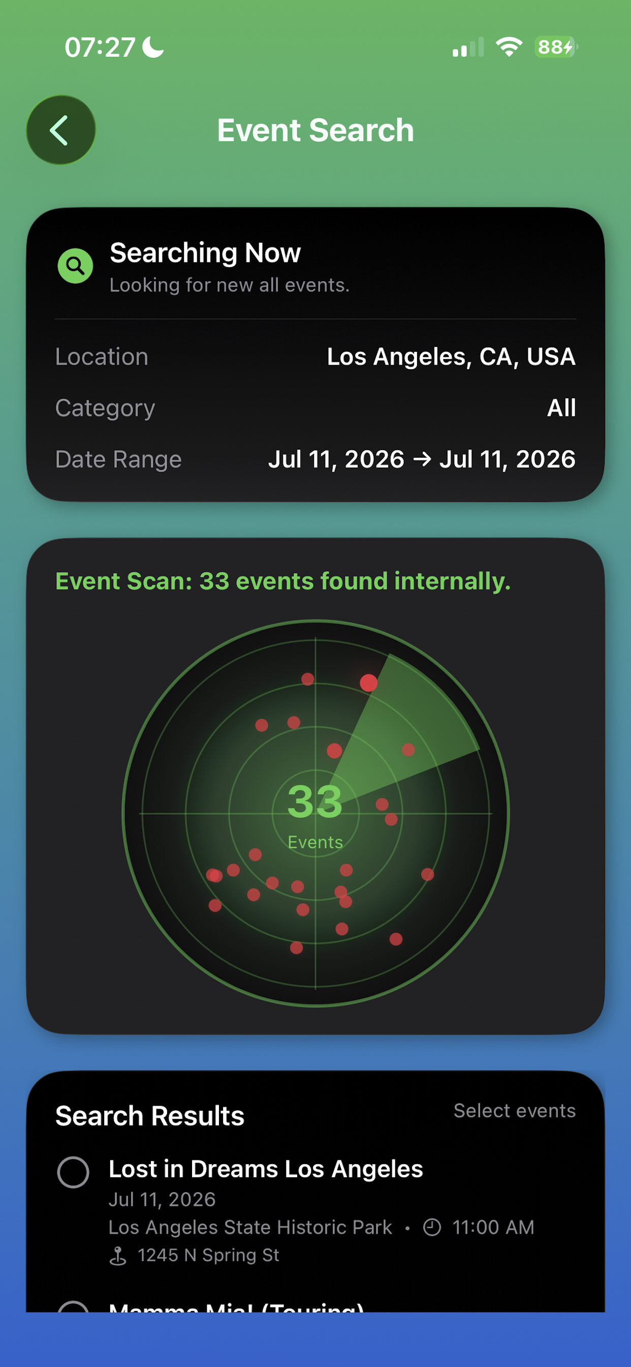 Event Radar search screen