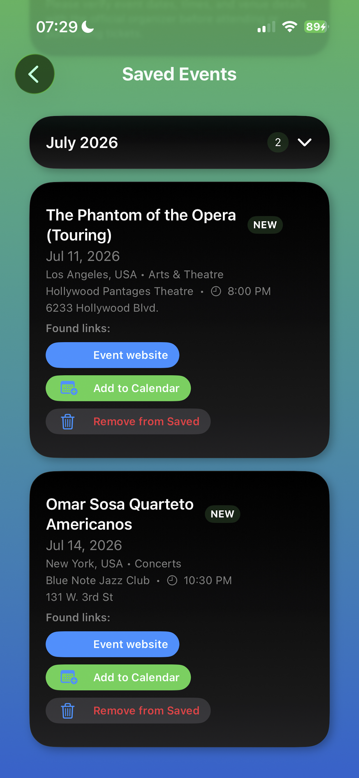 Saved events screen