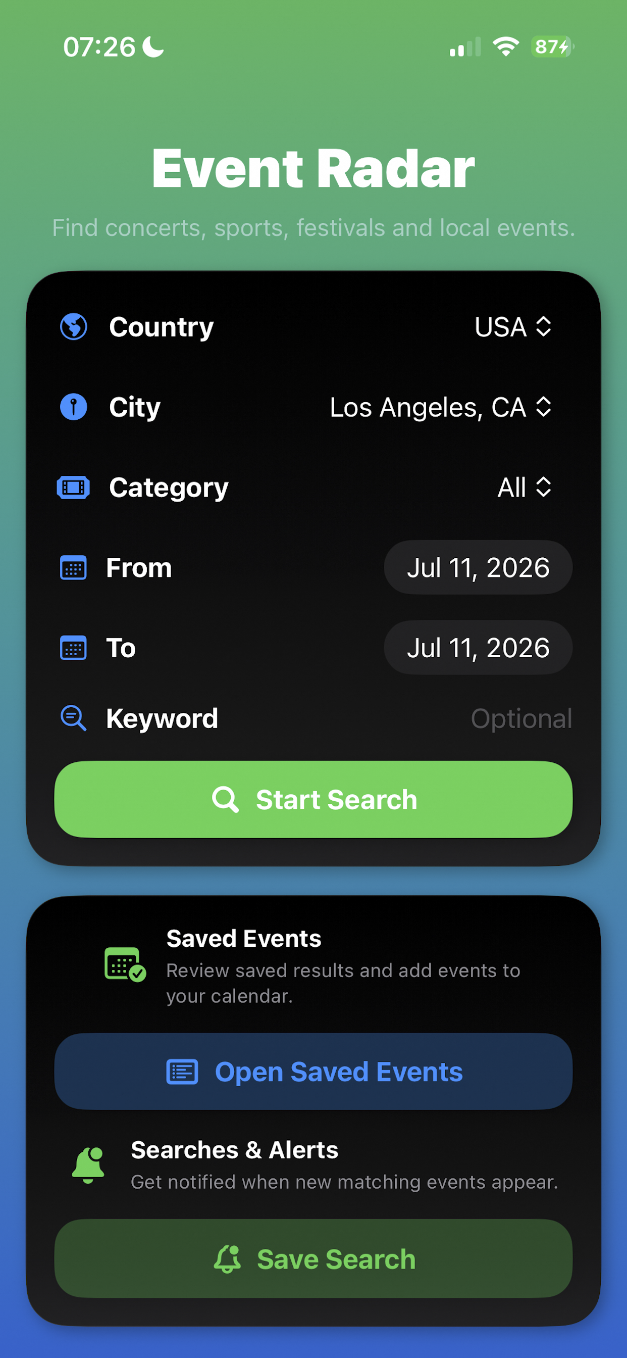 Event Radar calendar screen